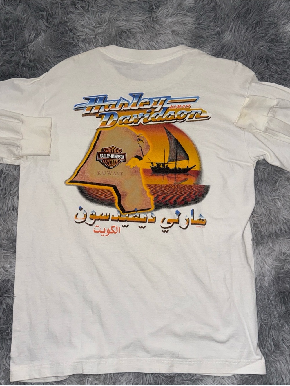 Harley-Davidson White Long Sleeve Tee with Orange & Blue Kuwait Graphic